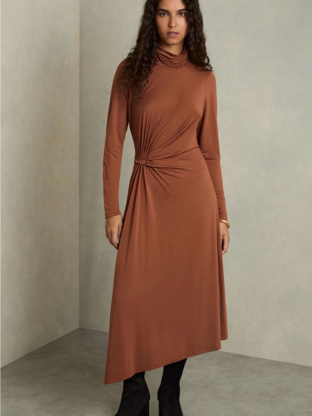NWT Reiss Casey Twist-Waist Midi Dress in Rust Brown